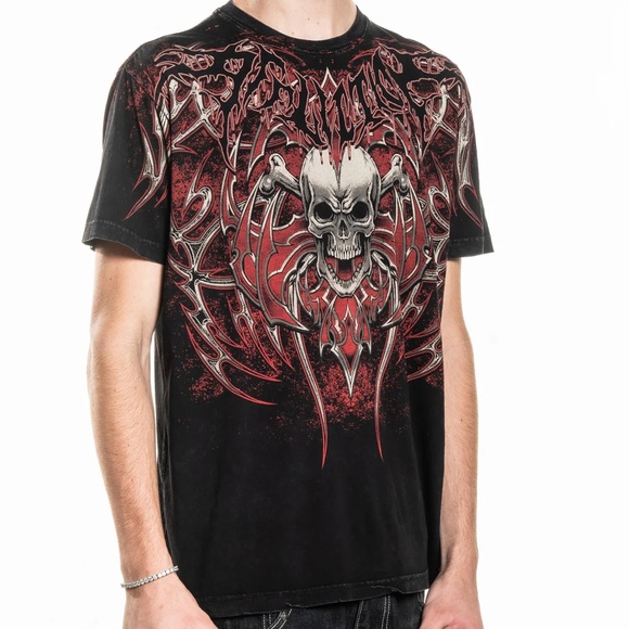 Affliction Mens Large Red & Black Skull Graphic Short Sleeve Crew Neck Tee - Picture 1 of 7